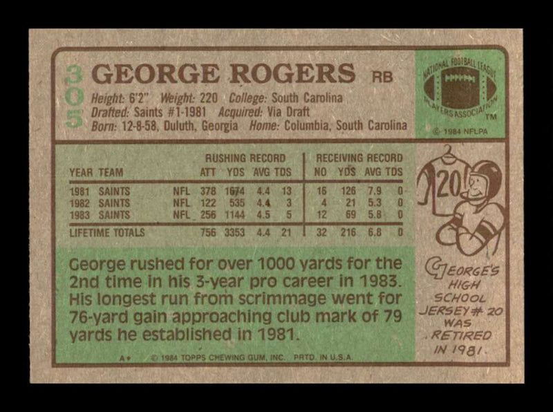 Load image into Gallery viewer, 1984 Topps George Rogers #305 New Orleans Saints Image 2
