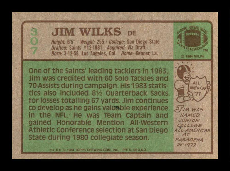 Load image into Gallery viewer, 1984 Topps Jim Wilks #307 New Orleans Saints Rookie RC Image 2
