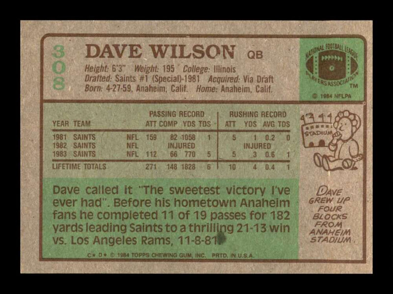 Load image into Gallery viewer, 1984 Topps Dave Wilson #308 New Orleans Saints Rookie RC Image 2
