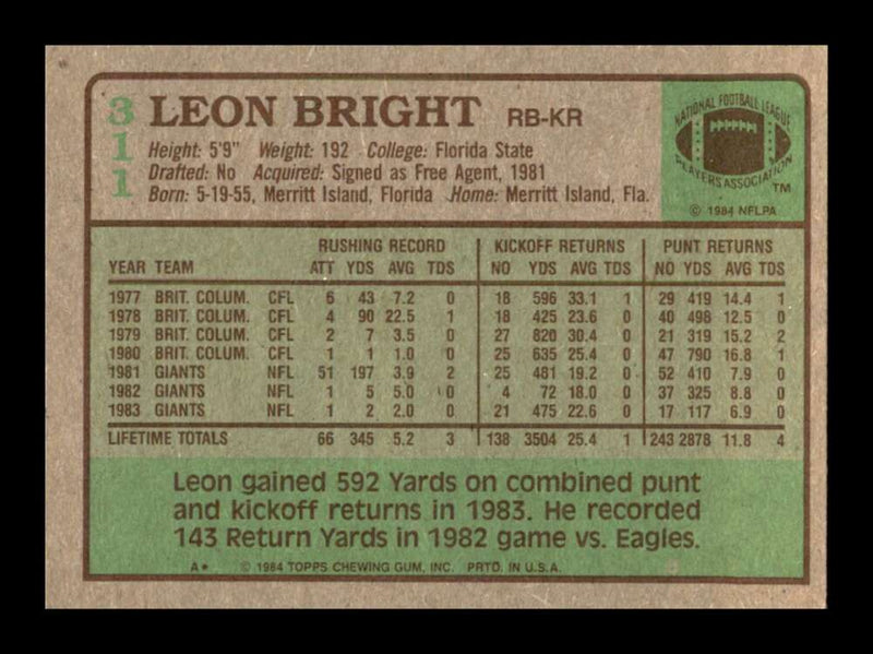 Load image into Gallery viewer, 1984 Topps Leon Bright #311 New York Giants Image 2
