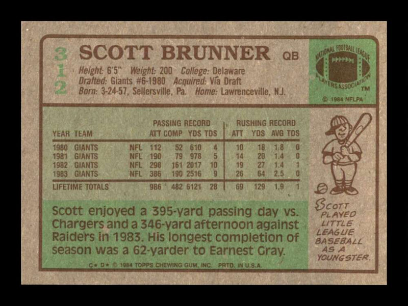 Load image into Gallery viewer, 1984 Topps Scott Brunner #312 New York Giants Image 2
