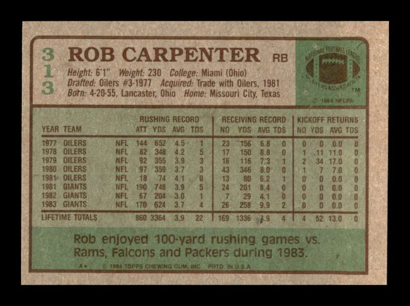 Load image into Gallery viewer, 1984 Topps Rob Carpenter #313 New York Giants Image 2
