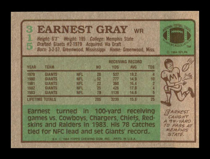 Load image into Gallery viewer, 1984 Topps Earnest Gray #315 New York Giants Image 2
