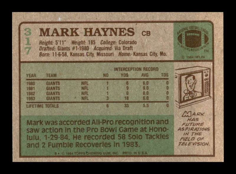 Load image into Gallery viewer, 1984 Topps Mark Haynes #317 New York Giants Image 2
