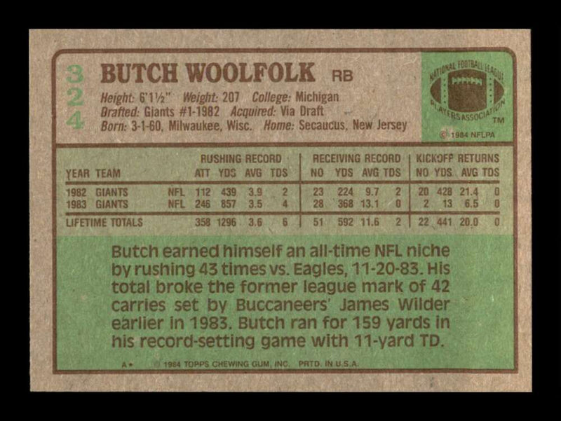 Load image into Gallery viewer, 1984 Topps Butch Woolfolk #324 New York Giants Image 2
