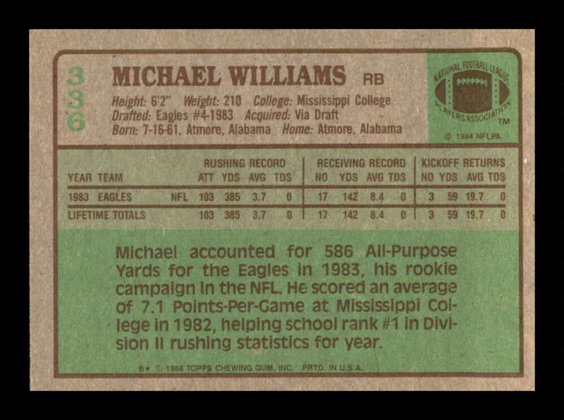 Load image into Gallery viewer, 1984 Topps Michael Williams #336 Philadelphia Eagles Image 2
