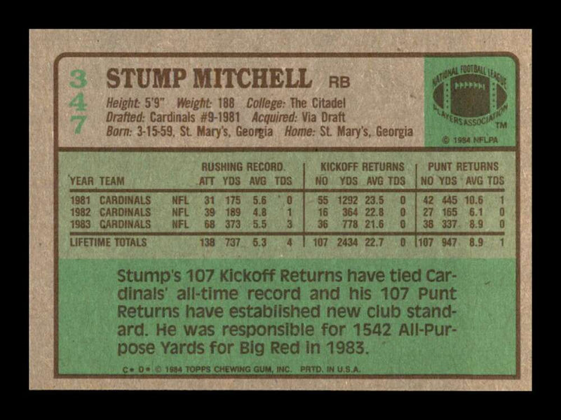 Load image into Gallery viewer, 1984 Topps Stump Mitchell #347 St. Louis Cardinals Image 2
