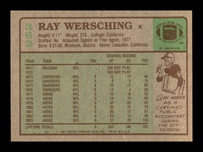 Load image into Gallery viewer, 1984 Topps Ray Wersching #362 San Francisco 49ers Image 2
