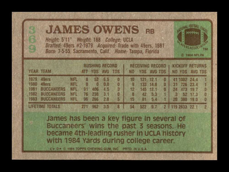 Load image into Gallery viewer, 1984 Topps James Owens #369 Tampa Bay Buccaneers Image 2
