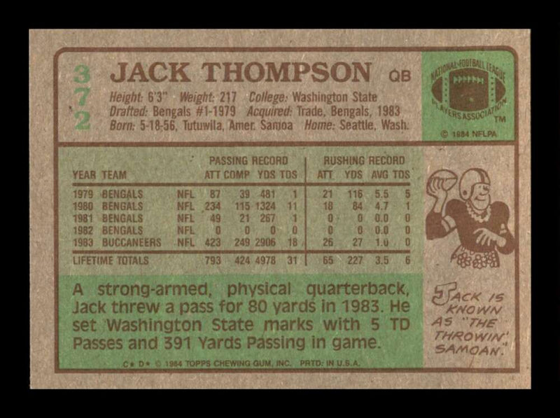 Load image into Gallery viewer, 1984 Topps Jack Thompson #372 Tampa Bay Buccaneers Image 2
