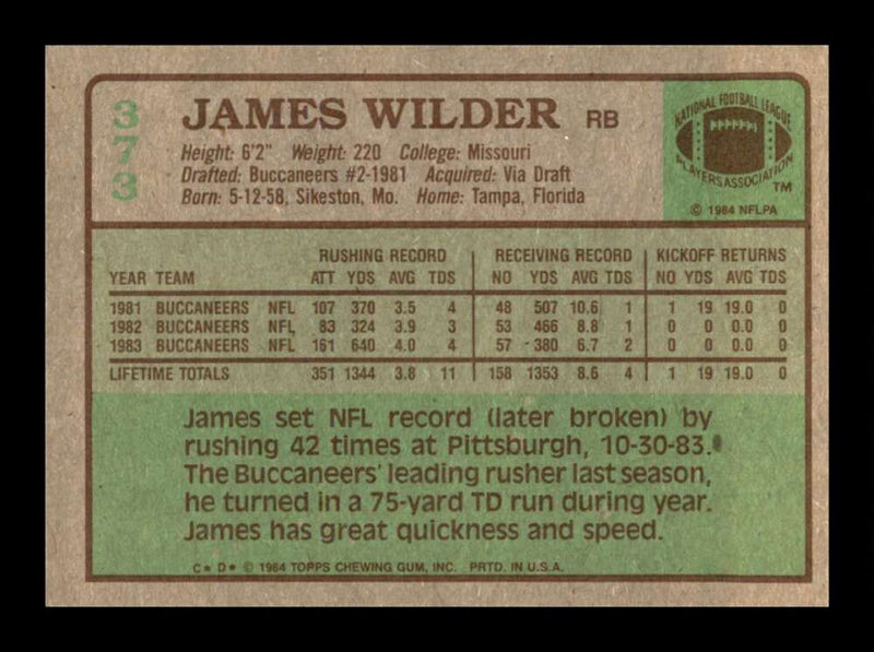 Load image into Gallery viewer, 1984 Topps James Wilder #373 Tampa Bay Buccaneers Image 2
