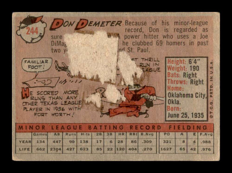 Load image into Gallery viewer, 1958 Topps Don Demeter #244 Los Angeles Dodgers Rookie RC Low Grade Filler  Image 2
