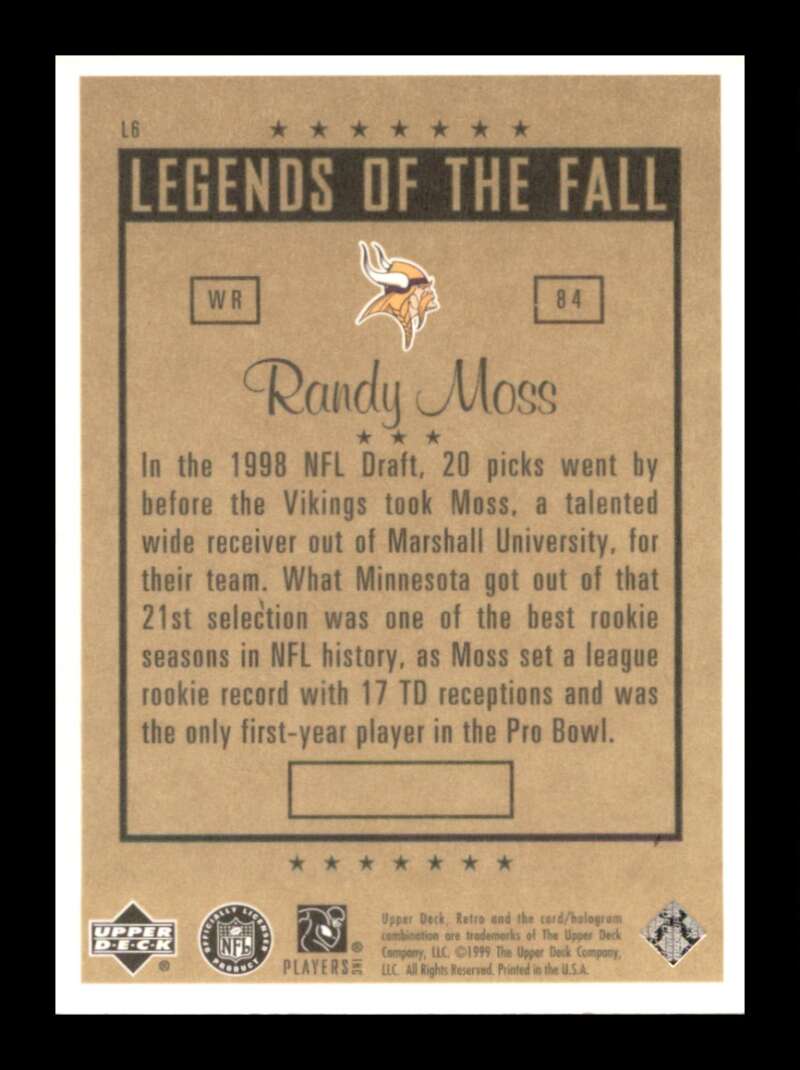 Load image into Gallery viewer, 1999 Upper Deck Retro Legends of the Fall Randy Moss #L6 Minnesota Vikings  Image 2
