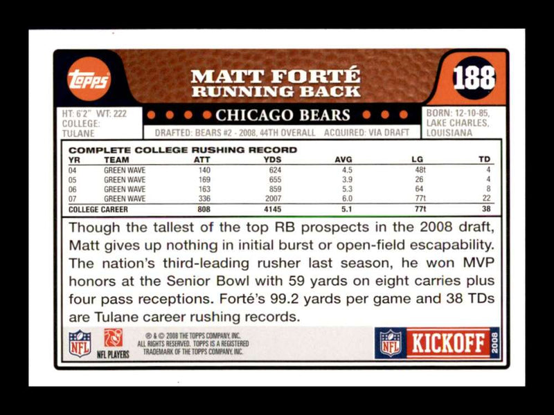 Load image into Gallery viewer, 2008 Topps Kickoff Matt Forte #188 Chicago Bears Rookie RC  Image 2
