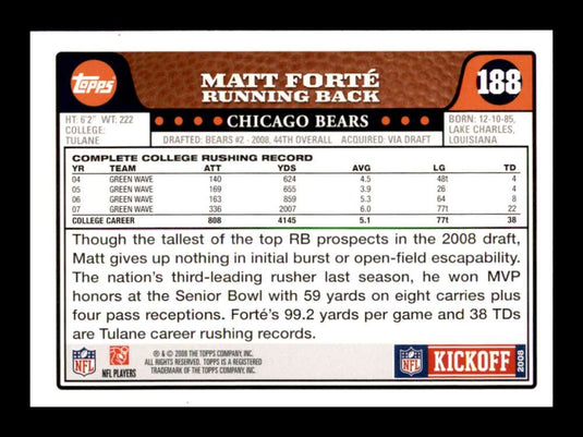 2008 Topps Kickoff Matt Forte 