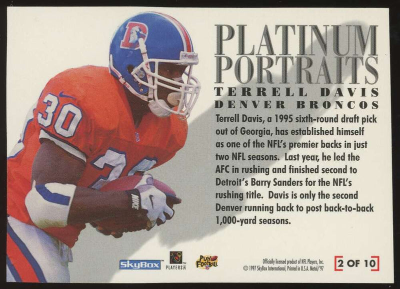 Load image into Gallery viewer, 1997 Skybox Metal Universe Platinum Portraits Terrell Davis #2 Denver Broncos  Image 2
