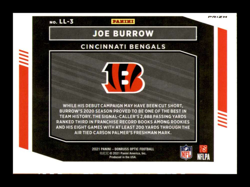 Load image into Gallery viewer, 2021 Donruss Optic Legendary Logos Silver Prizm Holo Joe Burrow #LL-3 Cincinnati Bengals  Image 2
