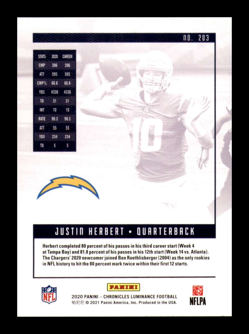 Load image into Gallery viewer, 2020 Panini Chronicles Luminance Teal Justin Herbert #203 Los Angeles Chargers Rookie RC Image 2
