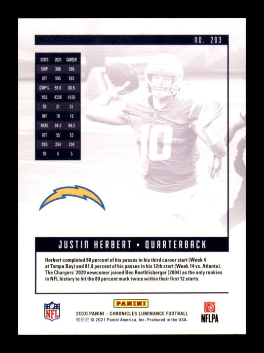 2020 Panini Chronicles Luminance Teal Justin Herbert