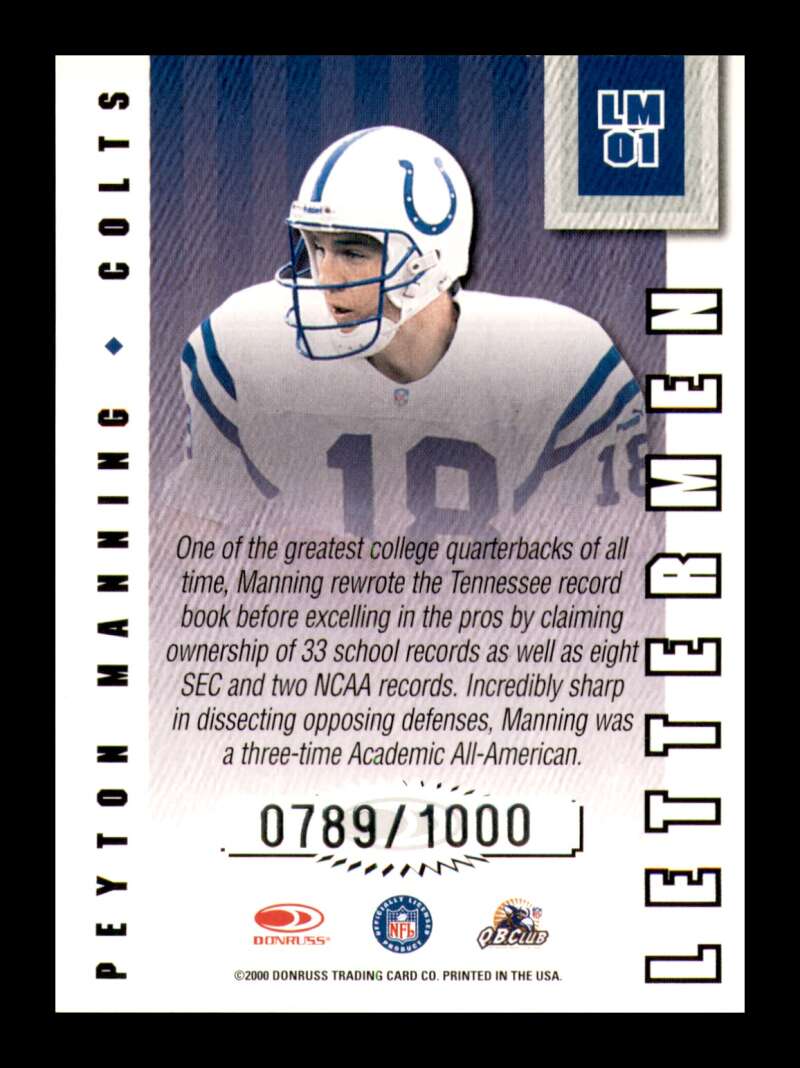 Load image into Gallery viewer, 2000 Donruss Preferred Lettermen Peyton Manning #LM01 Indianapolis Colts /1000  Image 2
