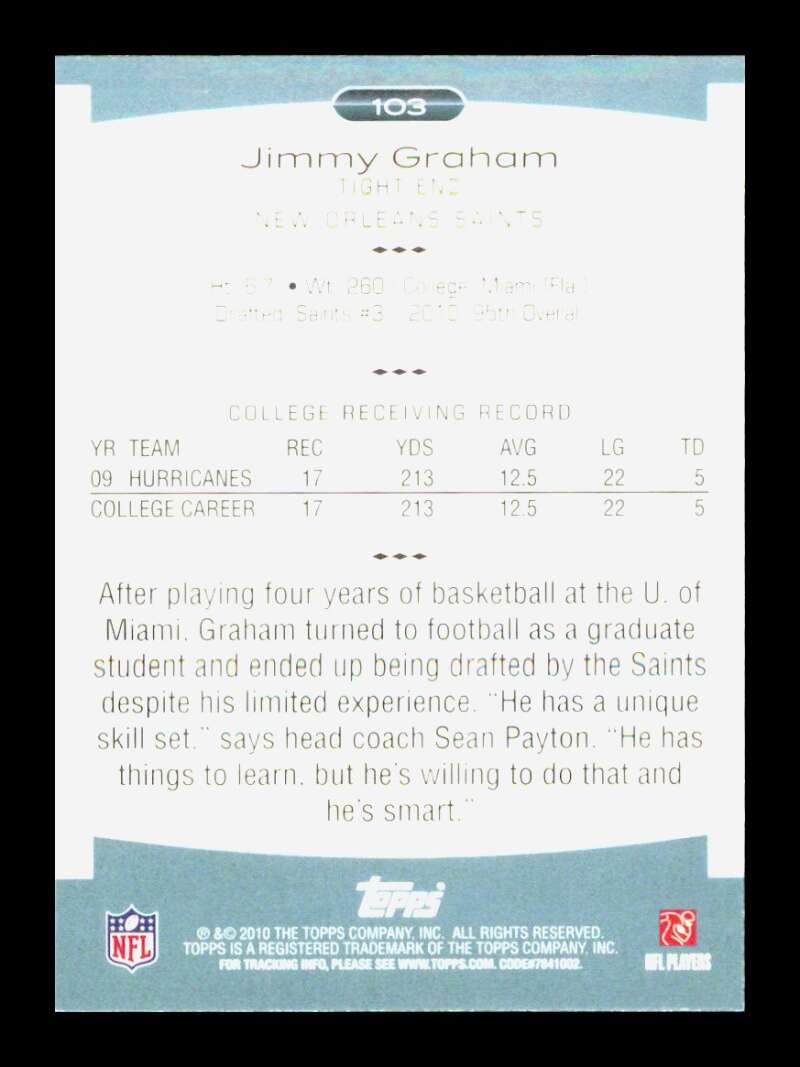 Load image into Gallery viewer, 2010 Topps Platinum Jimmy Graham #103 New Orleans Saints Rookie RC  Image 2
