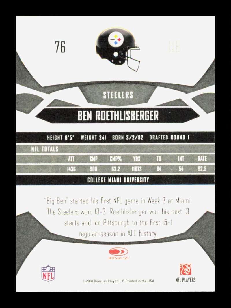 Load image into Gallery viewer, 2008 Donruss Gridiron Gear Ben Roethlisberger #76 Pittsburgh Steelers  Image 2
