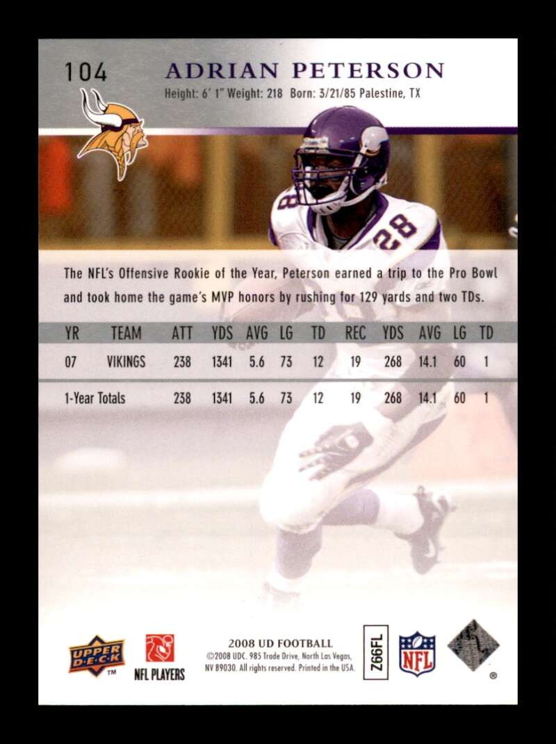 Load image into Gallery viewer, 2008 Upper Deck Adrian Peterson #104 Minnesota Vikings  Image 2
