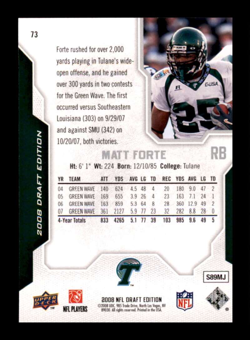 Load image into Gallery viewer, 2008 Upper Deck Draft Edition Matt Forte #73 Tulane Green Wave Rookie RC  Image 2
