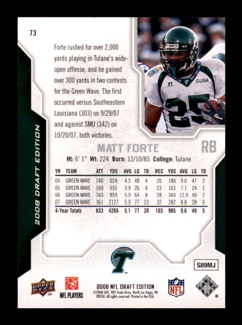 Load image into Gallery viewer, 2008 Upper Deck Draft Edition Matt Forte #73 Tulane Green Wave Rookie RC  Image 2
