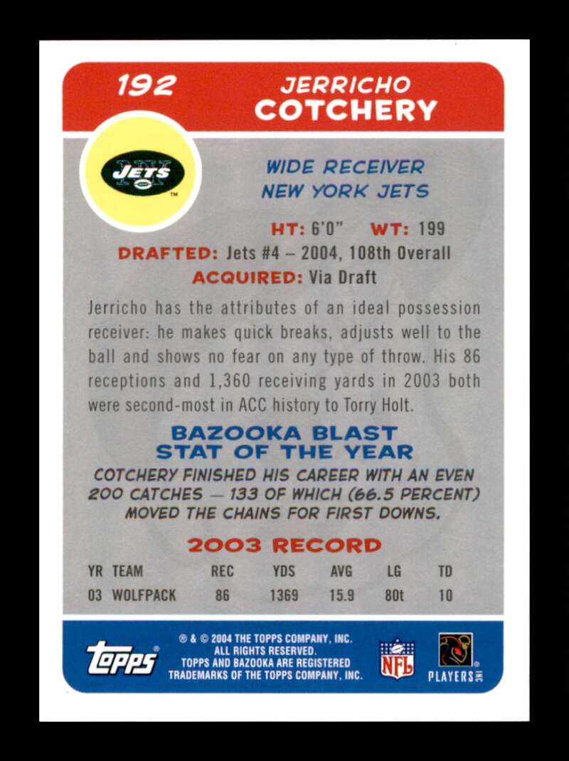 Load image into Gallery viewer, 2004 Topps Bazooka Jerricho Cotchery #192 New York Jets Rookie RC  Image 2
