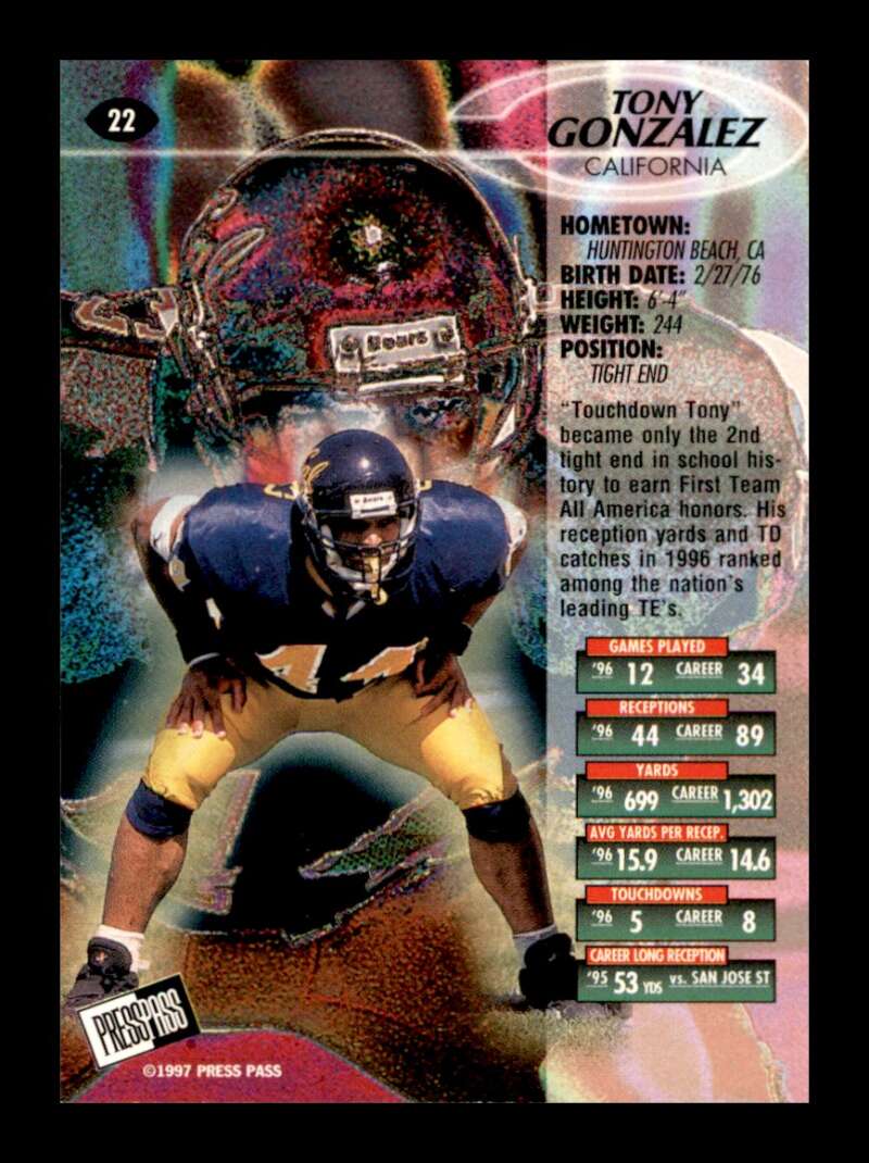 Load image into Gallery viewer, 1997 Press Pass Tony Gonzalez #22 Kansas City Chiefs Rookie RC Image 2
