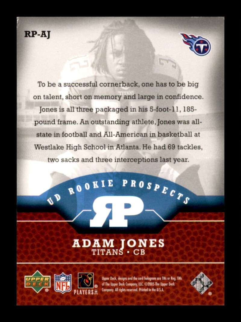 Load image into Gallery viewer, 2005 Upper Deck Rookie Prospects Adam Jones #RP-AJ Tennessee Titans Rookie RC Image 2
