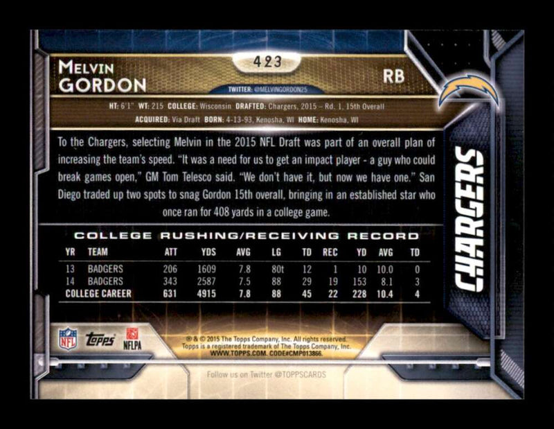 Load image into Gallery viewer, 2015 Topps Melvin Gordon #423 San Diego Chargers Rookie RC  Image 2
