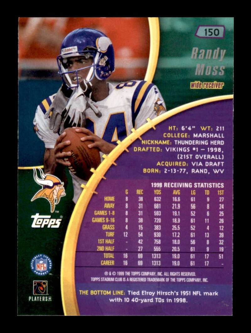 Load image into Gallery viewer, 1999 Topps Stadium Club Randy Moss #150 Minnesota Vikings  Image 2
