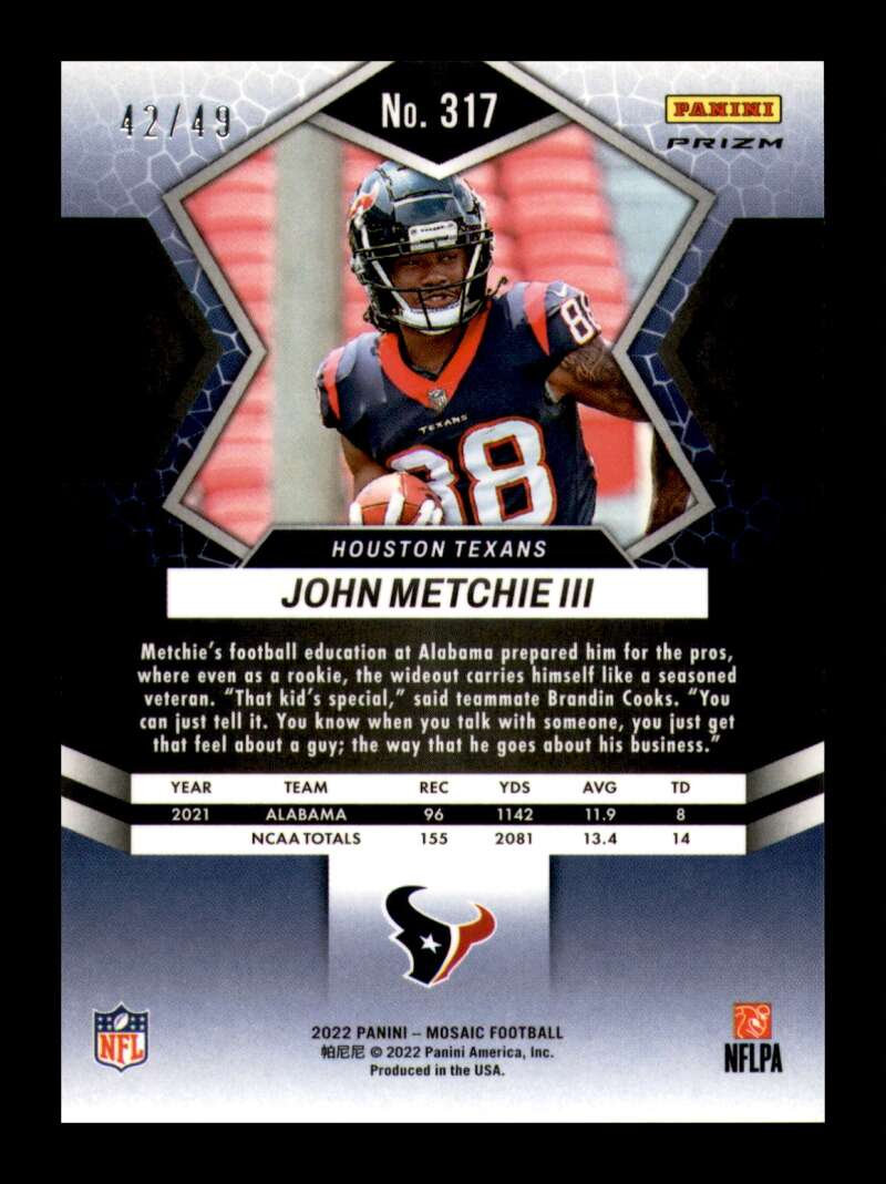 Load image into Gallery viewer, 2022 Panini Mosaic Purple Mosaic Prizm John Metchie #317 Houston Texans Rookie RC /49  Image 2
