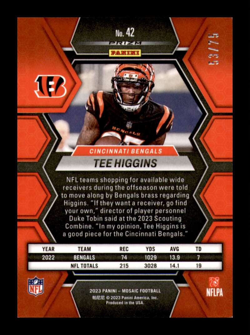 Load image into Gallery viewer, 2023 Panini Mosaic No Huddle Blue Disco Prizm Tee Higgins #42 Cincinnati Bengals /75  Image 2
