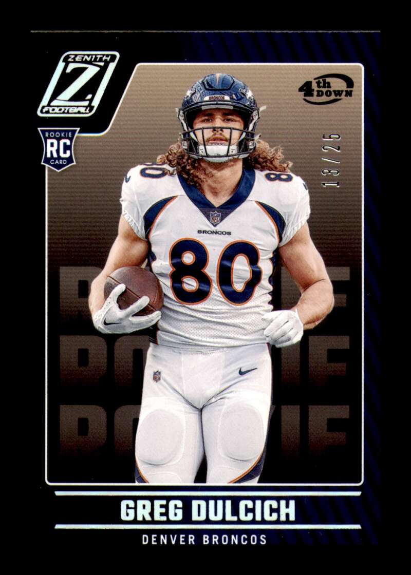 Load image into Gallery viewer, 2022 Panini Zenith 4th Down Greg Dulcich #191 Denver Broncos Rookie RC /25  Image 1
