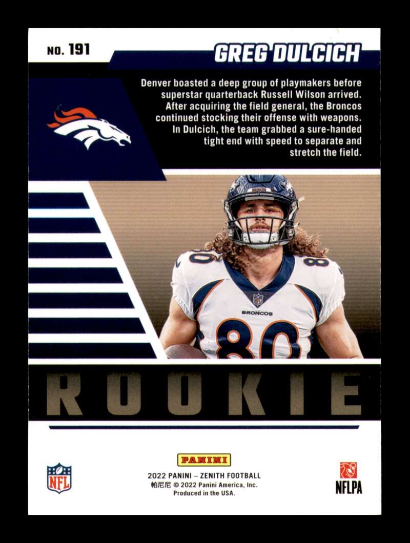 Load image into Gallery viewer, 2022 Panini Zenith 4th Down Greg Dulcich #191 Denver Broncos Rookie RC /25  Image 2
