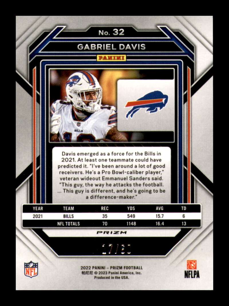 Load image into Gallery viewer, 2022 Panini Prizm Orange Wave Prizm Gabriel Davis #32 Buffalo Bills /60  Image 2
