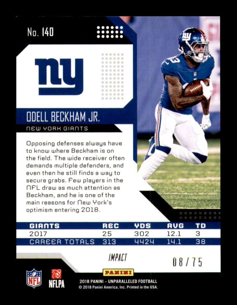 Load image into Gallery viewer, 2018 Panini Unparalleled Impact Odell Beckham Jr. #140 New York Giants /75  Image 2
