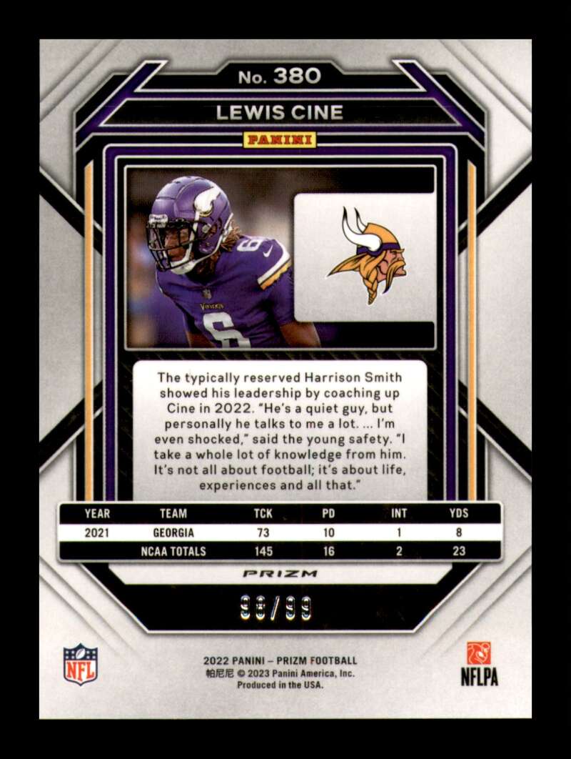 Load image into Gallery viewer, 2022 Panini Prizm Blue Ice Prizm Lewis Cine #380 Minnesota Vikings Rookie RC /99  Image 2
