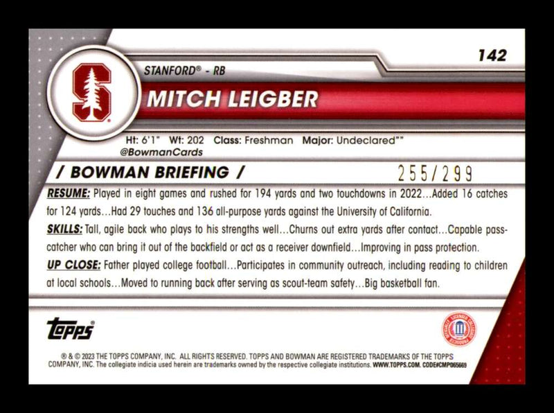 Load image into Gallery viewer, 2023 Bowman University Chrome Aqua Refractor Mitch Leigber #142 Stanford Cardinal Rookie RC /299  Image 2
