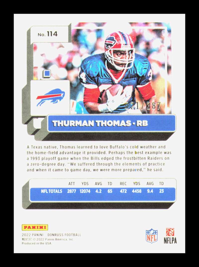 Load image into Gallery viewer, 2022 Donruss Season Stat Line Thurman Thomas #114 Buffalo Bills /387  Image 2
