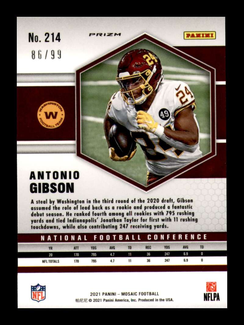 Load image into Gallery viewer, 2021 Panini Mosaic Blue Mosaic Prizm Antonio Gibson #214 Washington Football Team /99  Image 2
