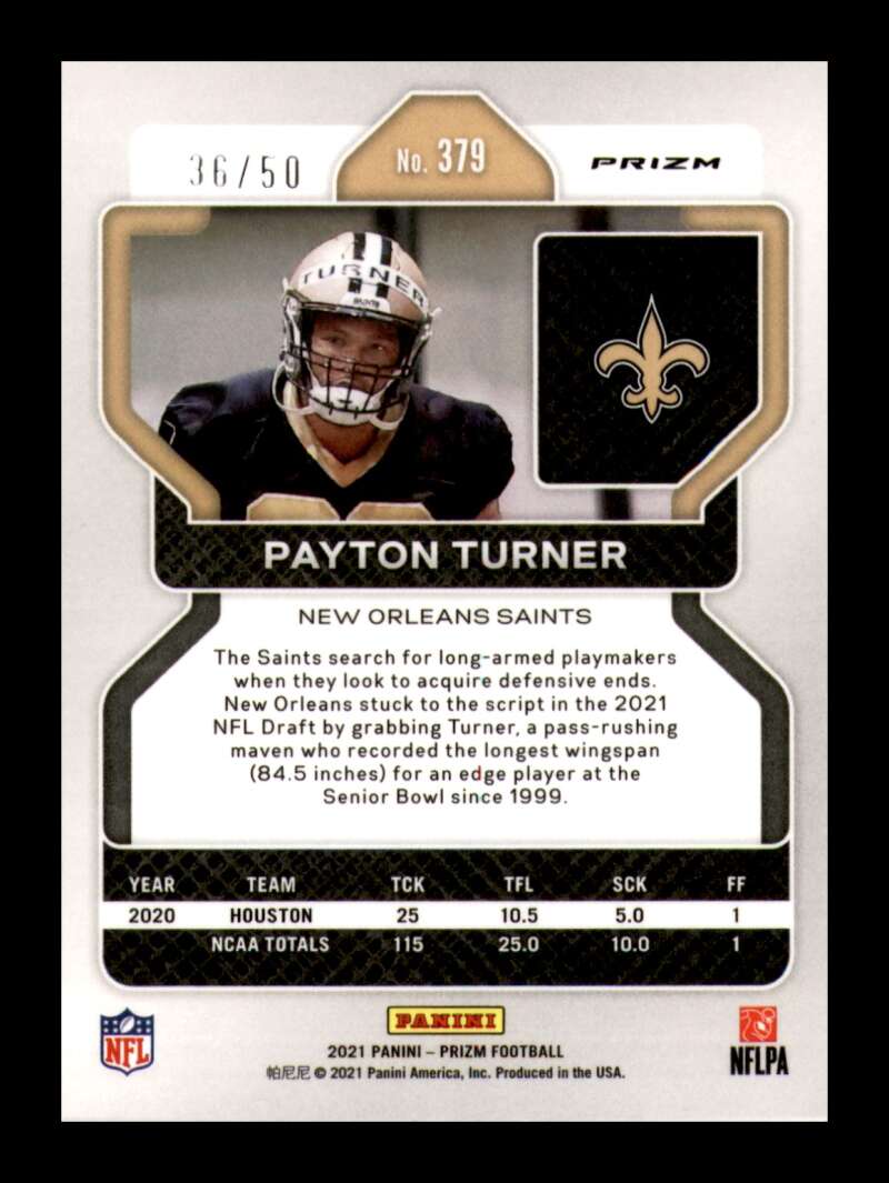 Load image into Gallery viewer, 2021 Panini Prizm No Huddle Red Disco Prizm Payton Turner #379 New Orleans Saints Rookie RC /50  Image 2
