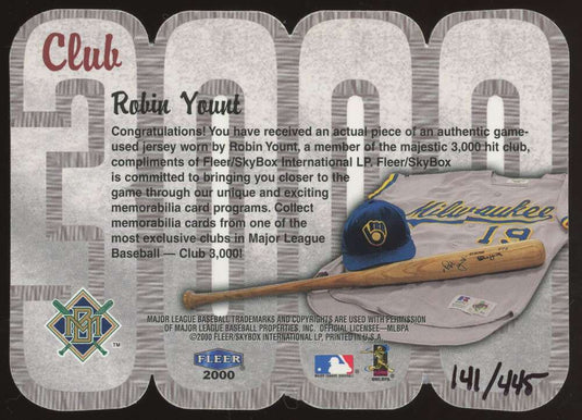 2000 Fleer Club 3000 Game Used Jersey Robin Yount Milwaukee Brewers GU Relic /445  Image 2