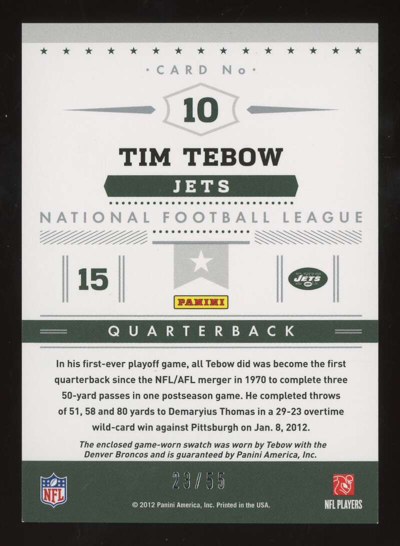 Load image into Gallery viewer, 2012 Panini Prestige Stars of the NFL Materials Tim Tebow #10 New York Jets Patch Relic /55  Image 2
