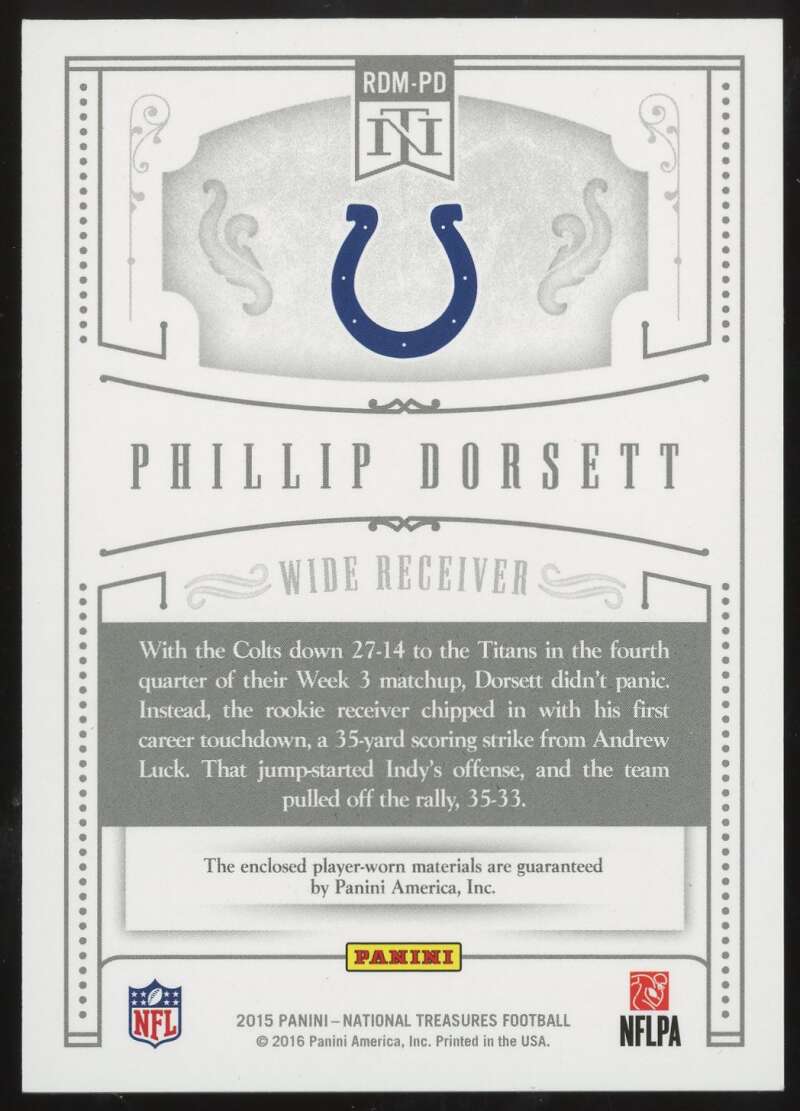 Load image into Gallery viewer, 2015 Panini National Treasures Dual Materials Phillip Dorsett #RDM-PD Indianapolis Colts Rookie RC Relic /99  Image 2
