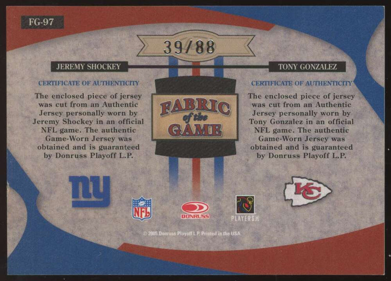 Load image into Gallery viewer, 2005 Leaf Certified Materials Fabric of the Game Jersey Number Tony Gonzalez Jeremy Shockey #FG-97 Relic /88 Image 2
