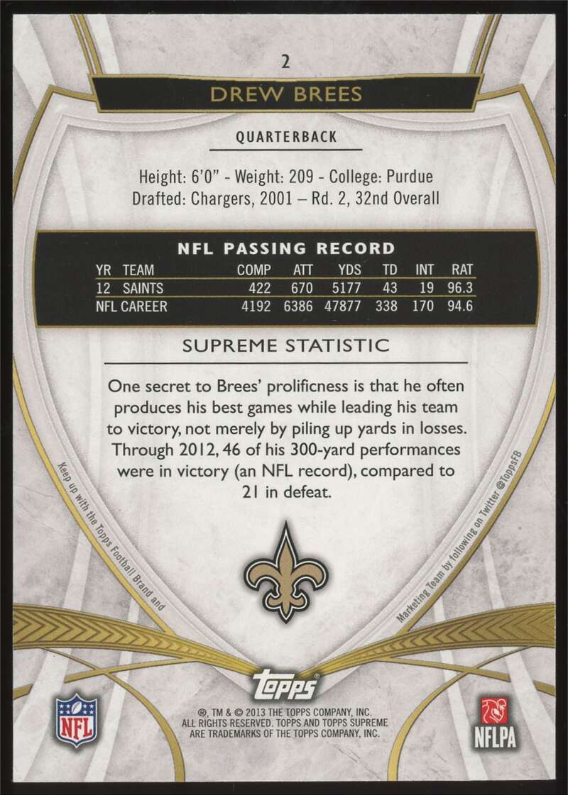 Load image into Gallery viewer, 2013 Topps Supreme Blue Drew Brees #2 New Orleans Saints /112  Image 2
